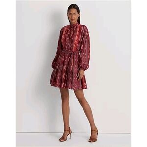 LAUREN Ralph Lauren Geo-Stripe Belted Cotton Voile Dress Red Women’s Size 16 NWT